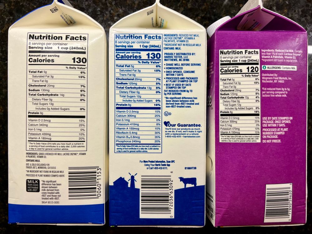 The side of Lactose-free 2% reduced fat half gallon milk cartons from Trader Joe’s, Harris Teeter, and Wegmans showing the Nutrition Facts table, ingredients, distributor (but not origin) address, and UPC/bar code.