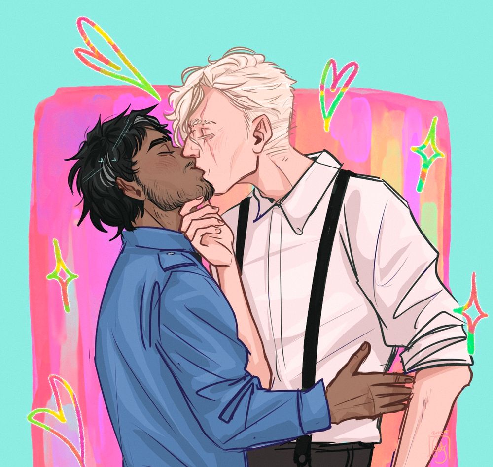 Two men kissing. One on the left is short. He is smiling, has tan skin and dark hair. One on the right is taller, has very light skin and almost white hair. He also has scar in his face. The background is a colourful square with hearts and sparkles. 