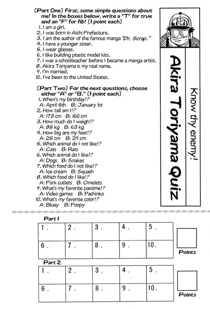 A true and false quiz and a multiple choice quiz about Akira Toriyama. Parts 1 and 2.
