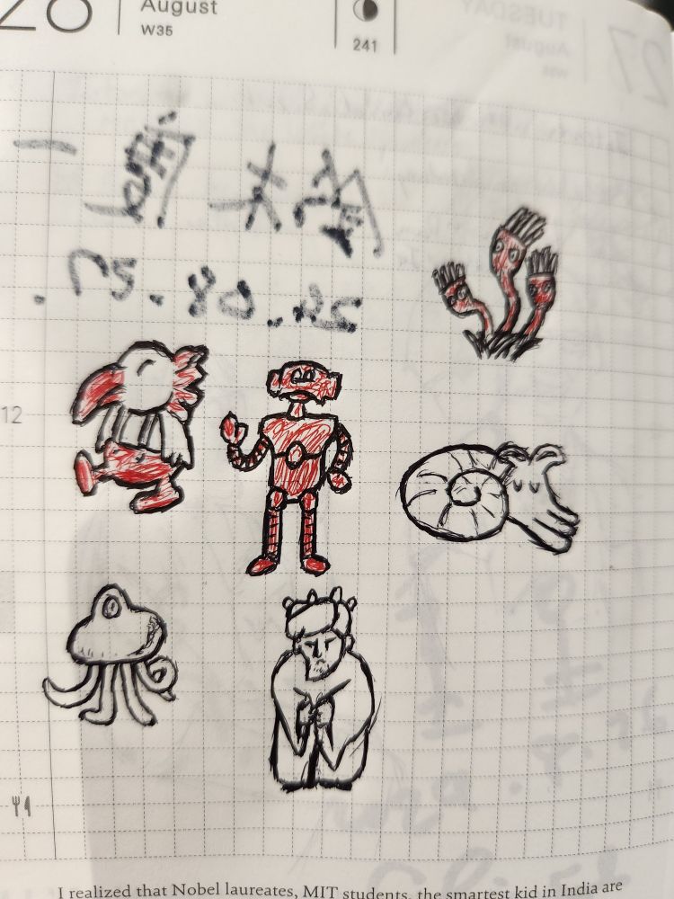 Sketches of unused Earthbound battle sprites, including a Flying Man, Eve from MOTHER 1, a smaller form of the wooley shambler, Talah Rama, a barnacle looking creature with French Fries for heads, and some kind of snail creature.