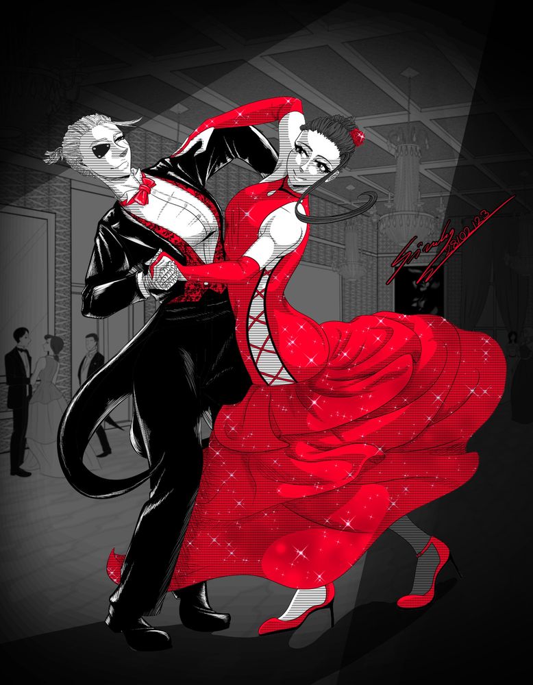 Manga-style illustration of two women dancing the foxtrot, one wearing a suit, one wearing a dress. 