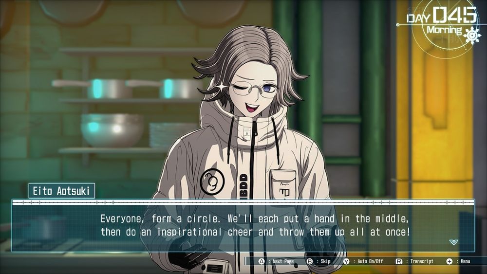 Eito Aotsuki saying "Everyone, form a circle. We'll each put a hand in the middle, then do an inspirational cheer and throw them up all at once!" He is winking with determination and a small twinkle by his eye