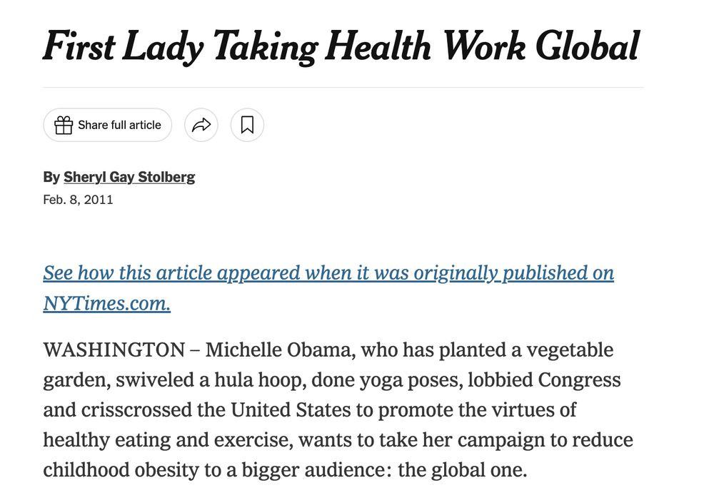 WASHINGTON  Michelle Obama, who has planted a vegetable garden, swiveled a hula hoop, done yoga poses, lobbied Congress and crisscrossed the United States to promote the virtues of healthy eating and exercise, wants to take her campaign to reduce childhood obesity to a bigger audience: the global one.

