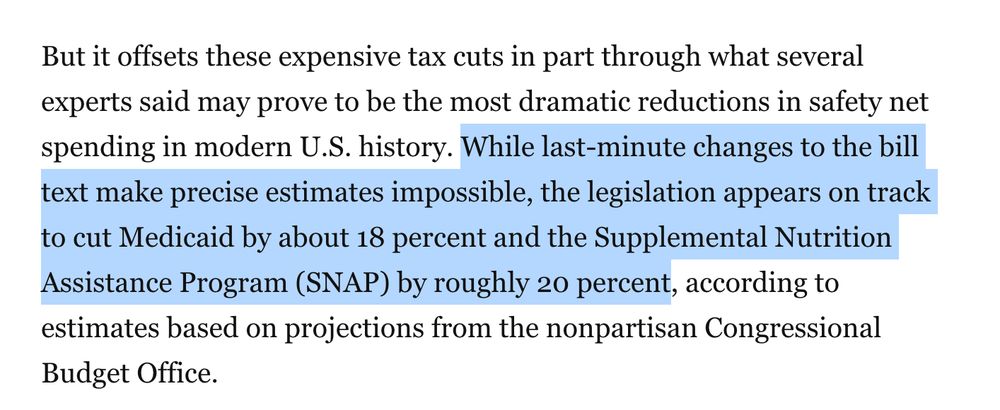 But it offsets these expensive tax cuts in part through what several experts said may prove to be the most dramatic reductions in safety net spending in modern U.S. history. While last-minute changes to the bill text make precise estimates impossible, the legislation appears on track to cut Medicaid by about 18 percent and the Supplemental Nutrition Assistance Program (SNAP) by roughly 20 percent, according to estimates based on projections from the nonpartisan Congressional Budget Office.

