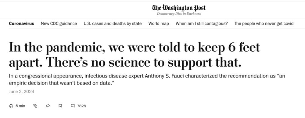 In the pandemic, we were told to keep 6 feet apart. There’s no science to support that.
In a congressional appearance, infectious-disease expert Anthony S. Fauci characterized the recommendation as “an empiric decision that wasn’t based on data.”

