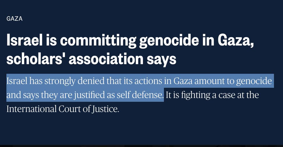 Israel is committing genocide in Gaza, scholars' association says Israel has strongly denied that its actions in Gaza amount to genocide and says they are justified as self defense. It is fighting a case at the International Court of Justice. 