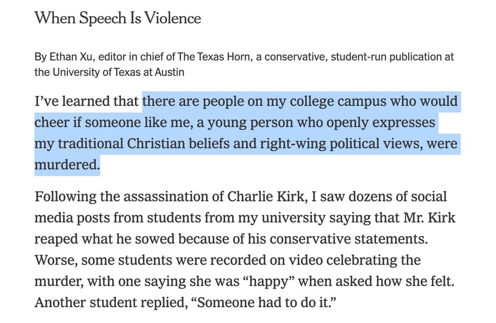 there are people on my college campus who would cheer if someone like me, a young person who openly expresses my traditional Christian beliefs and right-wing political views, were murdered.

