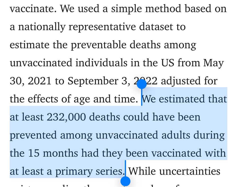 vaccinate. We used a simple method based on a nationally representative dataset to estimate the preventable deaths among unvaccinated individuals in the US from May 30, 2021 to September 3, 2022 adjusted for the effects of age and time. We estimated that at least 232,000 deaths could have been prevented among unvaccinated adults during the 15 months had they been vaccinated with at least a primary series. While uncertainties