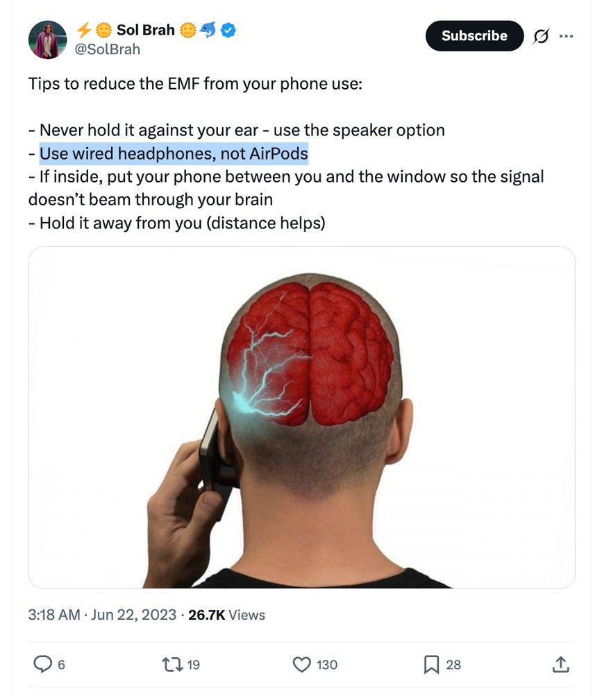 Tips to reduce the EMF from your phone use:

- Never hold it against your ear - use the speaker option
- Use wired headphones, not AirPods
- If inside, put your phone between you and the window so the signal doesn’t beam through your brain
- Hold it away from you (distance helps)
