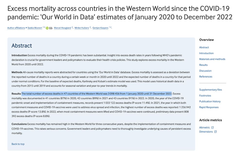 The total number of excess deaths in 47 countries of the Western World was 3,098,456 from 1 January 2020 until 31 December 2022. 