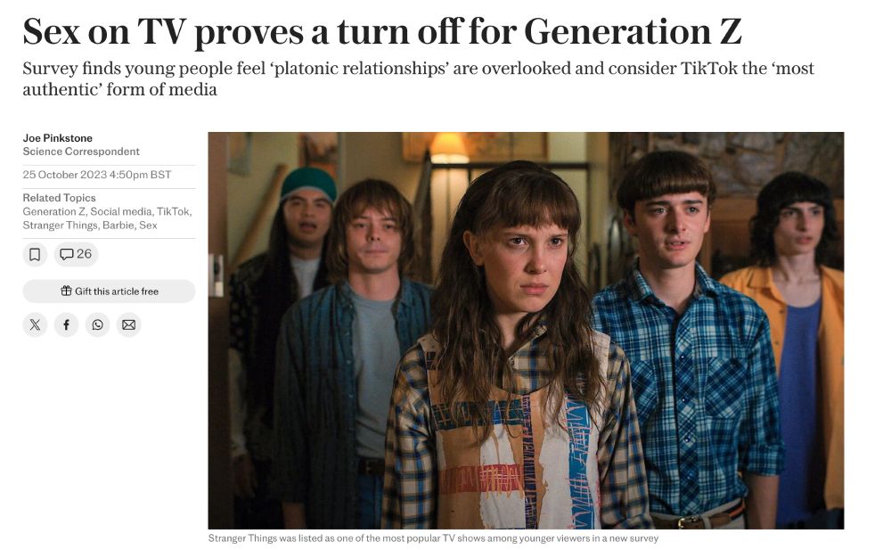 Sex on TV proves a turn off for Generation Z
Survey finds young people feel ‘platonic relationships’ are overlooked and consider TikTok the ‘most authentic’ form of media

