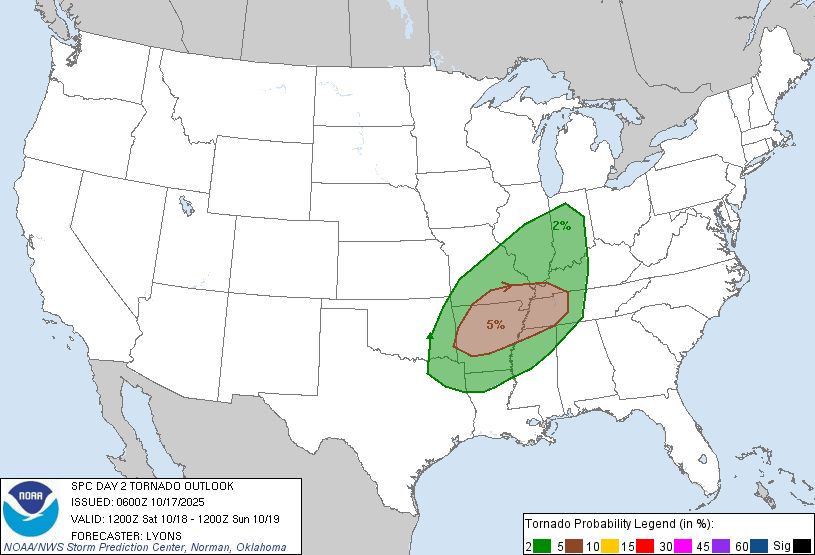 Tornado risk for Saturday with a 5% chance from Arkansas to western Tennessee