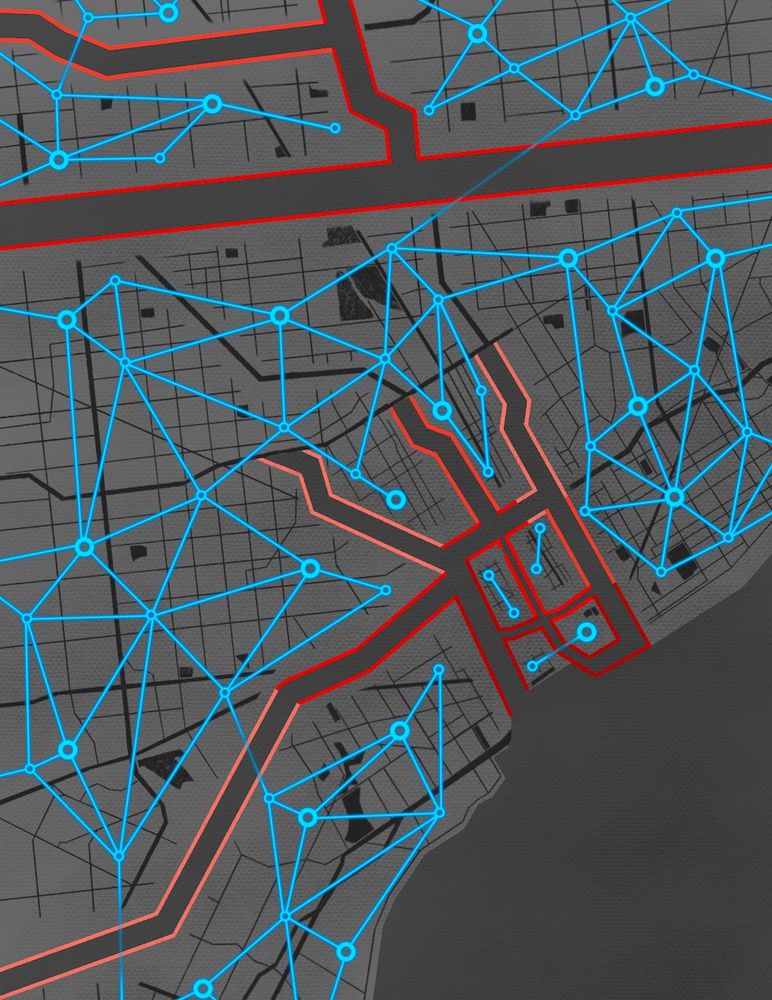 Stylized map of Detroit (MI) showing the highway network, and the network of social connections between urban residents. The connections intersecting highways are sparser than elsewehere. Image credit Karo Berghuber (Insta: @kariot.lines)
