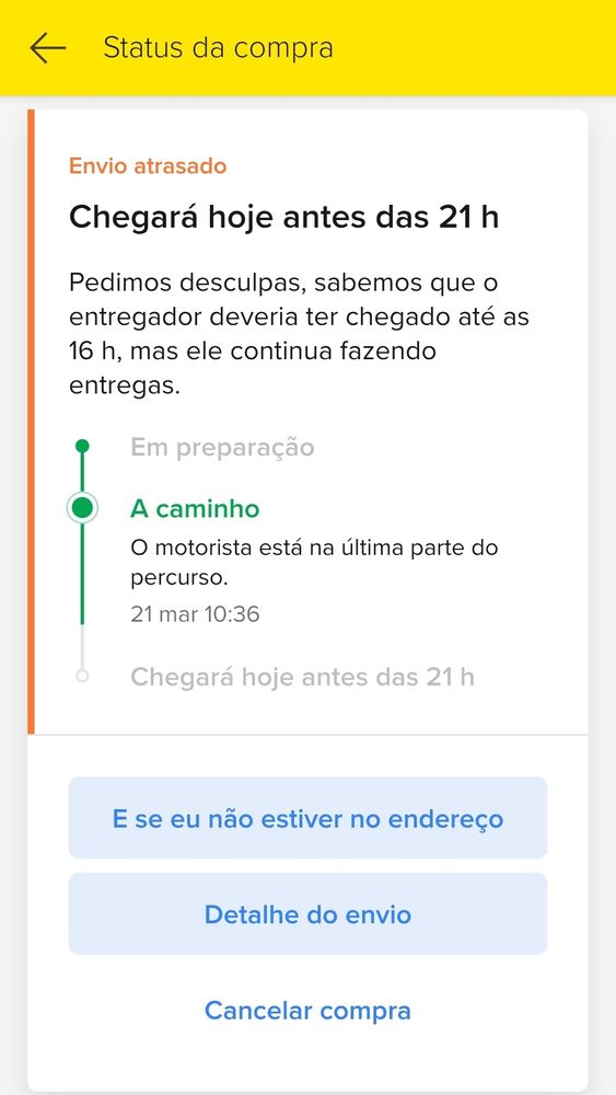 Tela do app do Mercado Livre dizendo que a entrega está atrasada