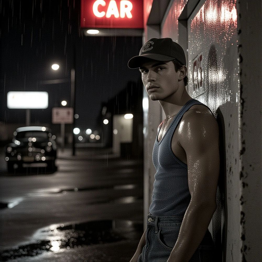 A still from a 1970s movie. It shows of an Italian rentboy looking for trade. He has brown hair with bleached tips that should have been cut a week ago. It is late at night and the scene deserted. It is lit by the red glare of an unseen car’s tail lights and flickering fluorescent tubes. 