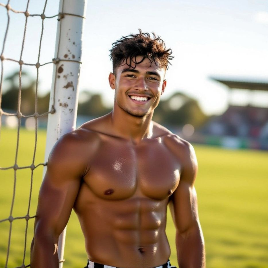 A grinning attractive young aboriginal man stands shirtless next to a soccer goal net. 