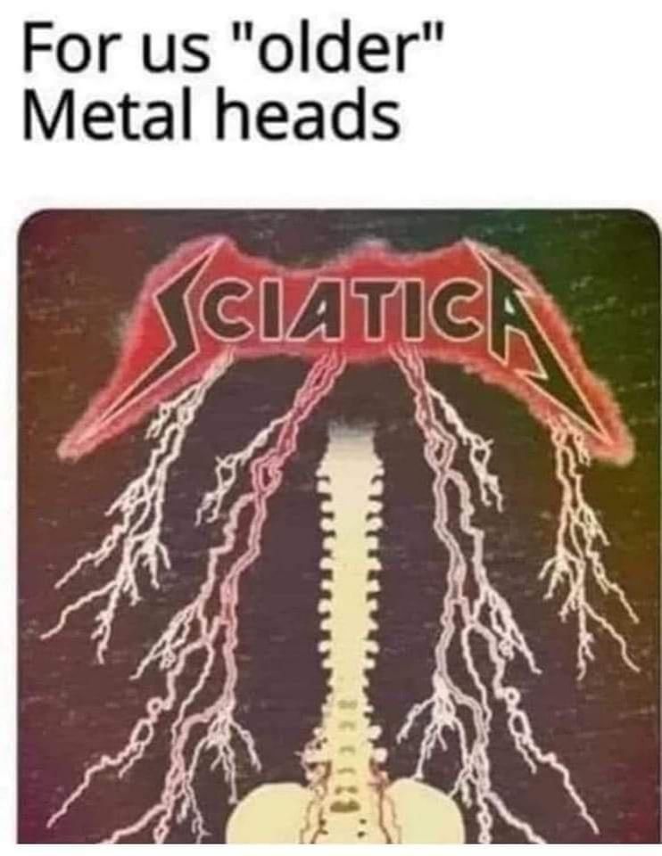 A band logo in the style of Metallica but reads Sciatic and shows a spinal column.