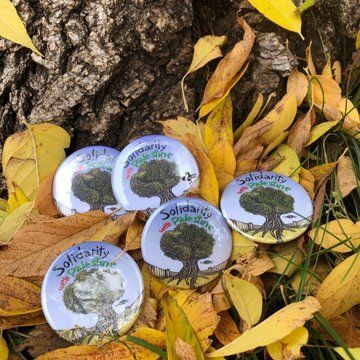 Image of several circular pin buttons, spread out over yellow leaves. Blue buttons have the same design. 
Design features an olive tree in the shape of a fist. Above this tree, text reads "Solidarity with Palestine".