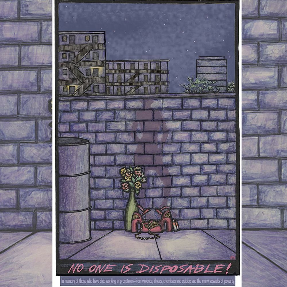 Purple brick background with apartment buildings in the background. In foreground, a pair of high heels next to a bouquet of flowers. Pink text below reads "no one is disposable!"