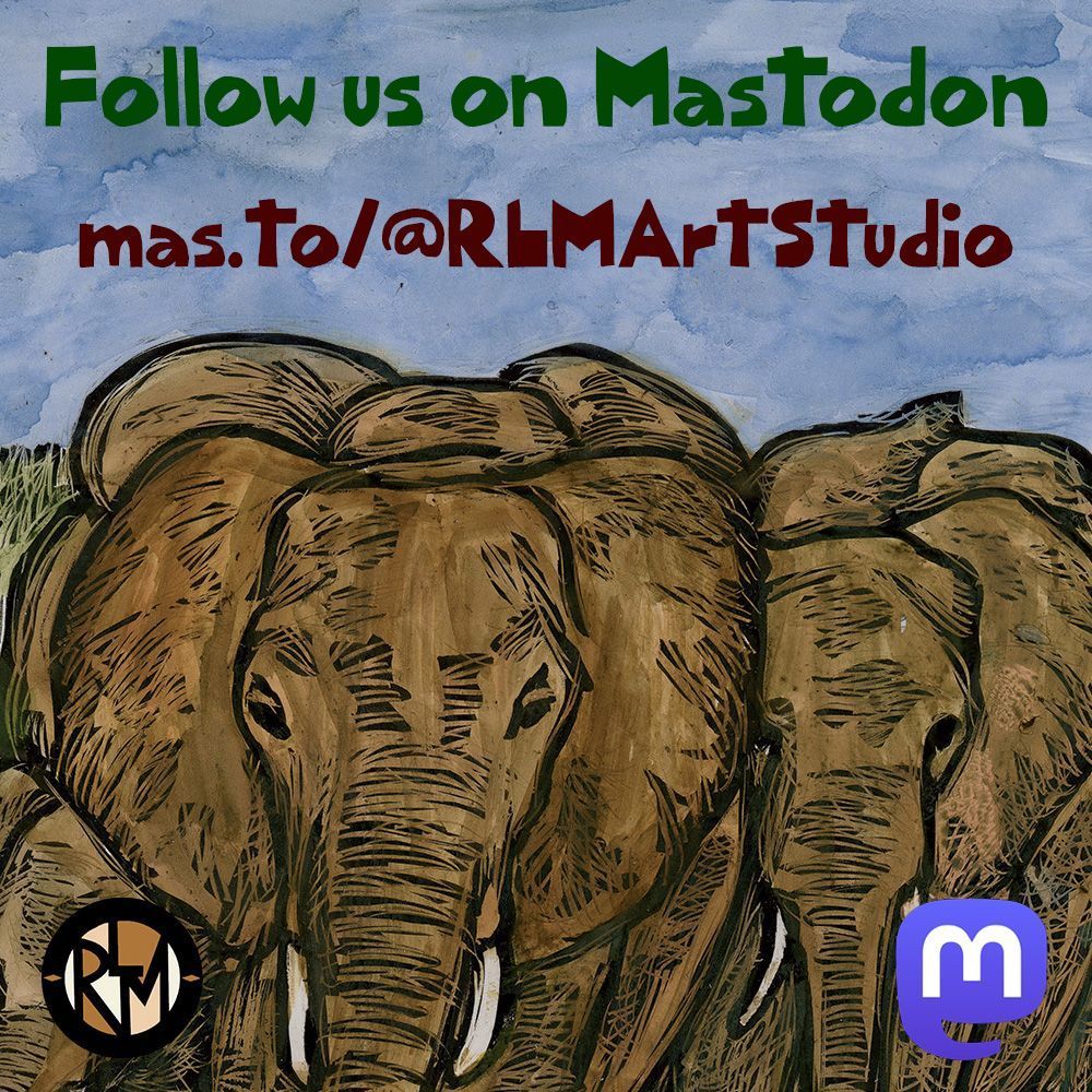 Background of several brown elephants in a crowd, under a blue watercolor sky. Text above them reads "Follow us on mastodon. Mas.to/@rlmartstudio". 