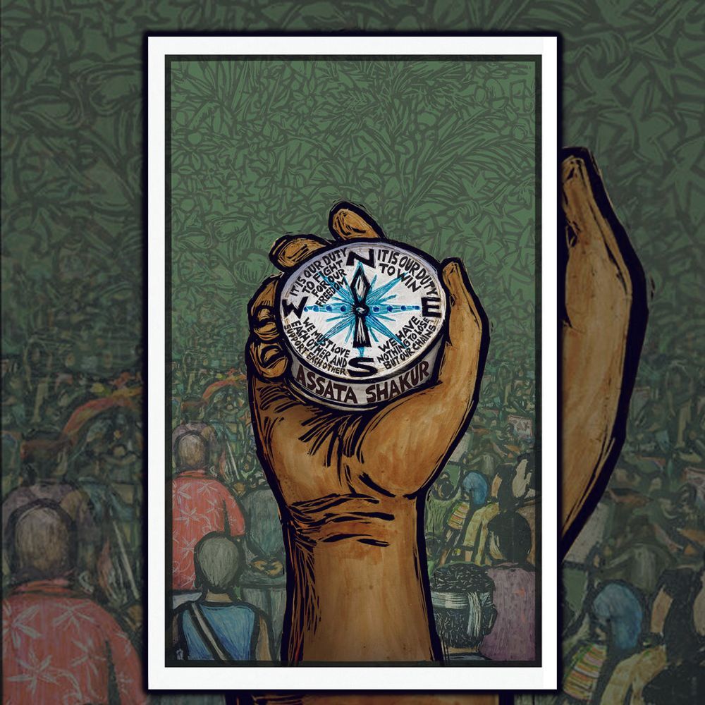 Green background. From the bottom to the top of the page, a crown gathers and disappears under green leaves.
A brown hand holds a blue compass that points north.