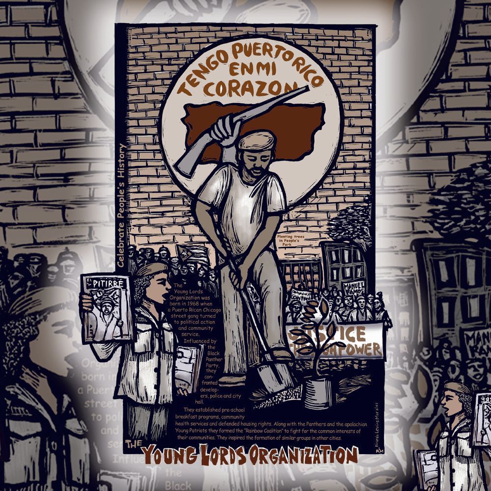 Black and brown image. Background shows a tan brick wall. Figures stand in groups. To the left of the image, a person holds up a newspaper. In the center, a figure is shown shoveling. Behind the figure, a circle with the words "Tengo Puerto Rico en mi corazon". 
