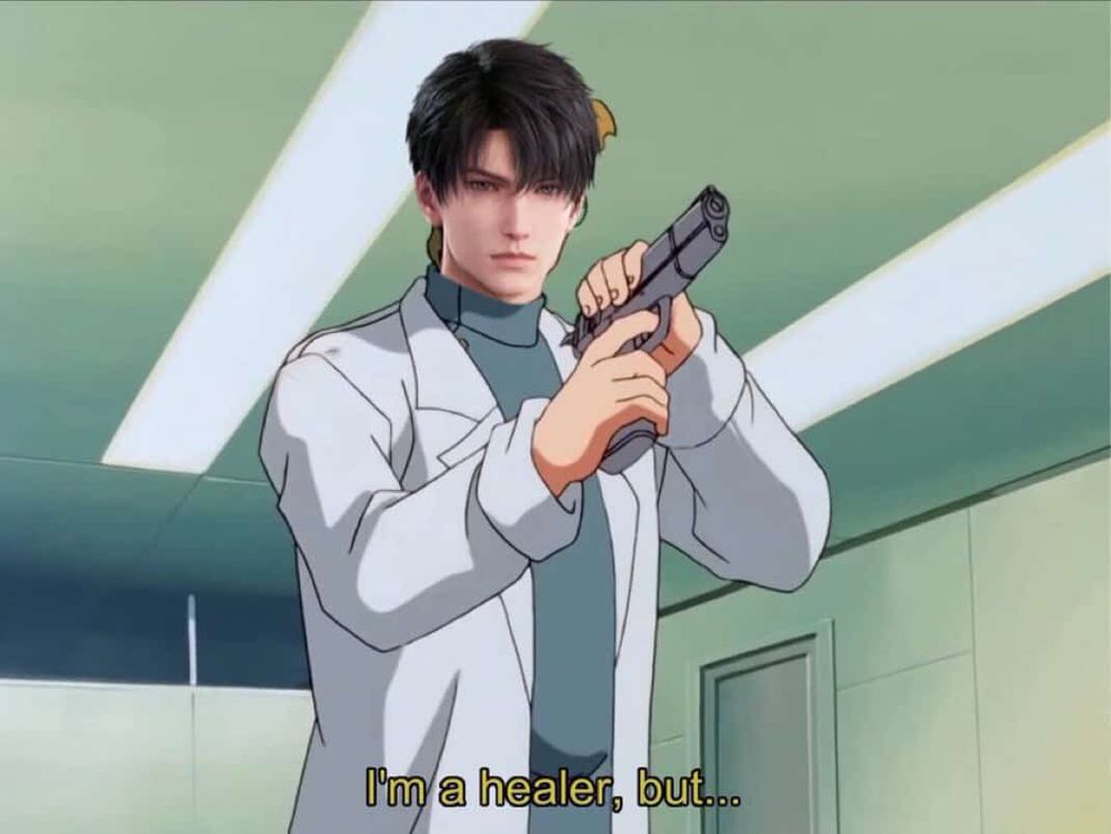 The "I'm a healer, but..." meme but with Zayne from Love and Deepspace's face photoshopped over the face of the doctor holding the gun. The image was made by someone in one of my LaDS discord servers whose social media I cannot find to credit properly.