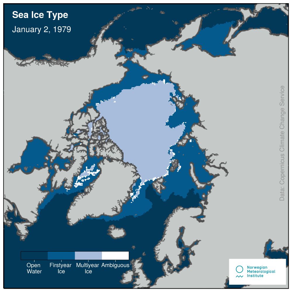 Map 1 shows the distribution of new and old sea ice in the Arctic for January 1979. Open water / first-year ice / multiyear ice is represented by dark-blue / blue / light-blue. 
Data source: C3S sea ice type product (https://cds.climate.copernicus.eu/datasets/satellite-sea-ice-edge-type)