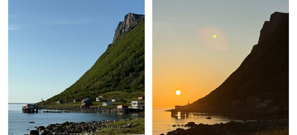 Two landscape photos of the same view towards the north, showing a steep mountain, a small abandoned village, and the sea. Photos are taken at 8PM and 11.30PM, respectively. 