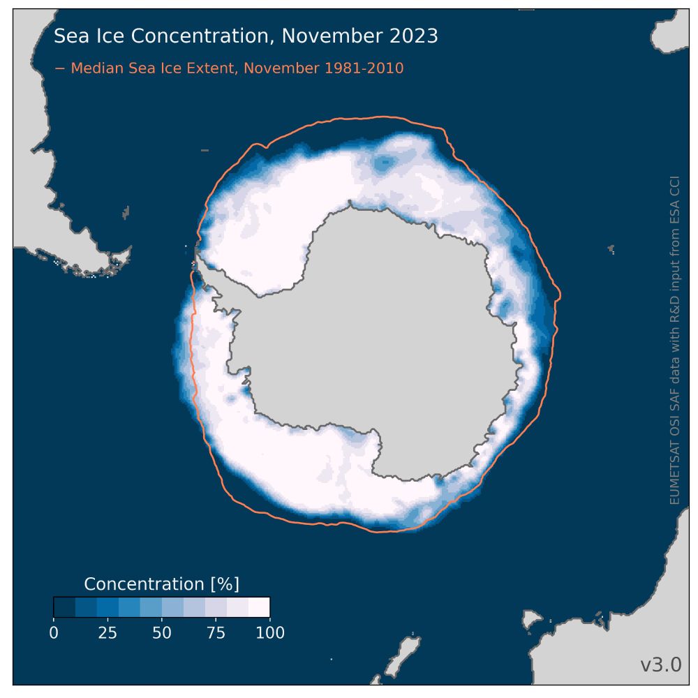 Map showing the Antarctic sea-ice concentration averaged over November 2023. For comparison, the mean November sea-ice extent for the period 1981-2010 is represented by an orange contour. 
Source data is OSI SAF sea-ice concentration CDR v3.0
