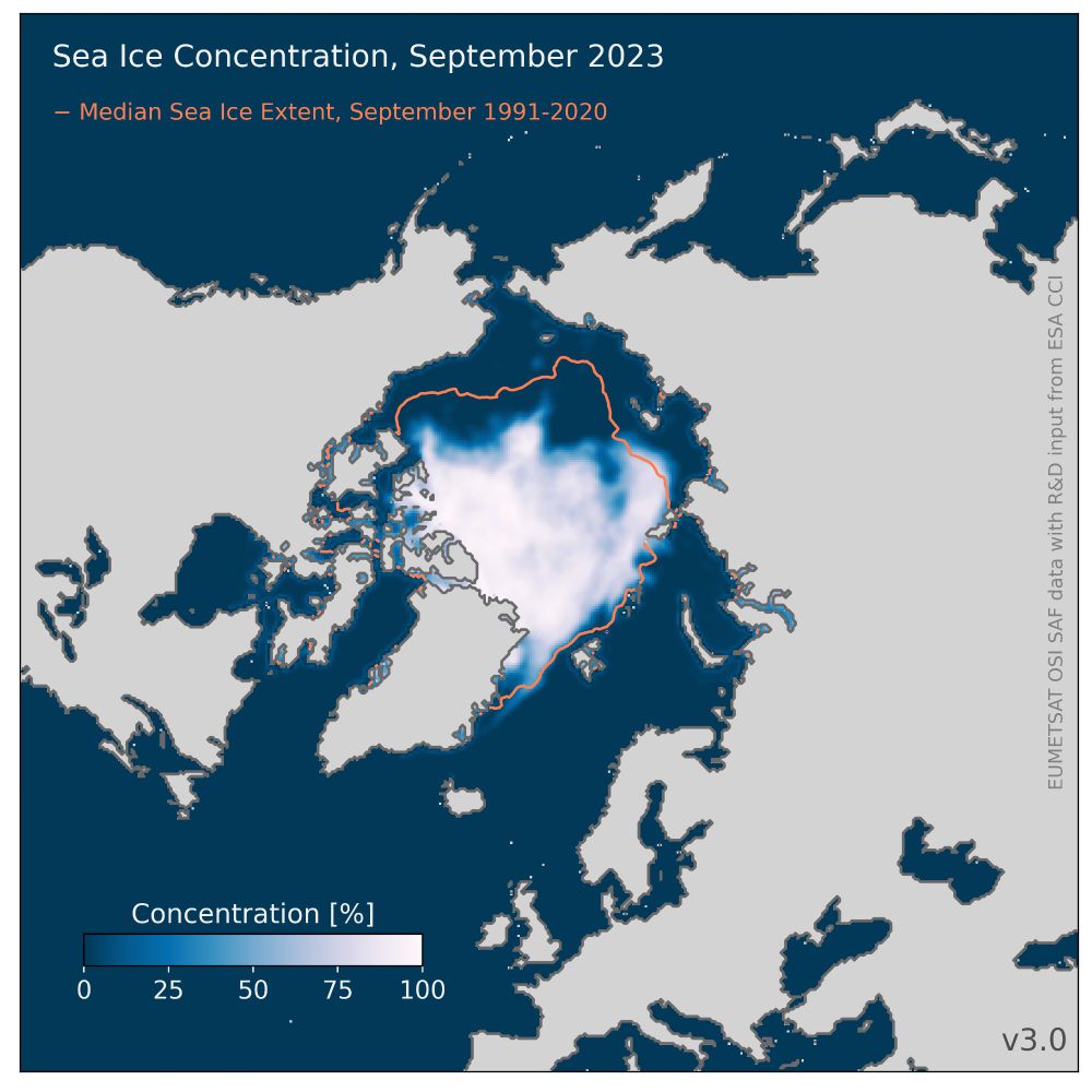 Map showing the Arctic sea-ice concentration averaged over November 2023. For comparison, the mean November sea-ice extent for the period 1981-2010 is represented by an orange contour. 
Source data is OSI SAF sea-ice concentration CDR v3.0
