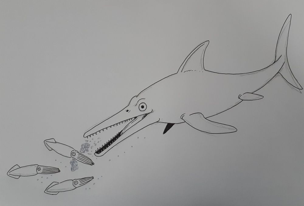 イクティオサウルス
テクパン・クリエイト筆
ゲルインクボールペン使用

襲われている獲物はベレムナイトと言う原始的な頭足類