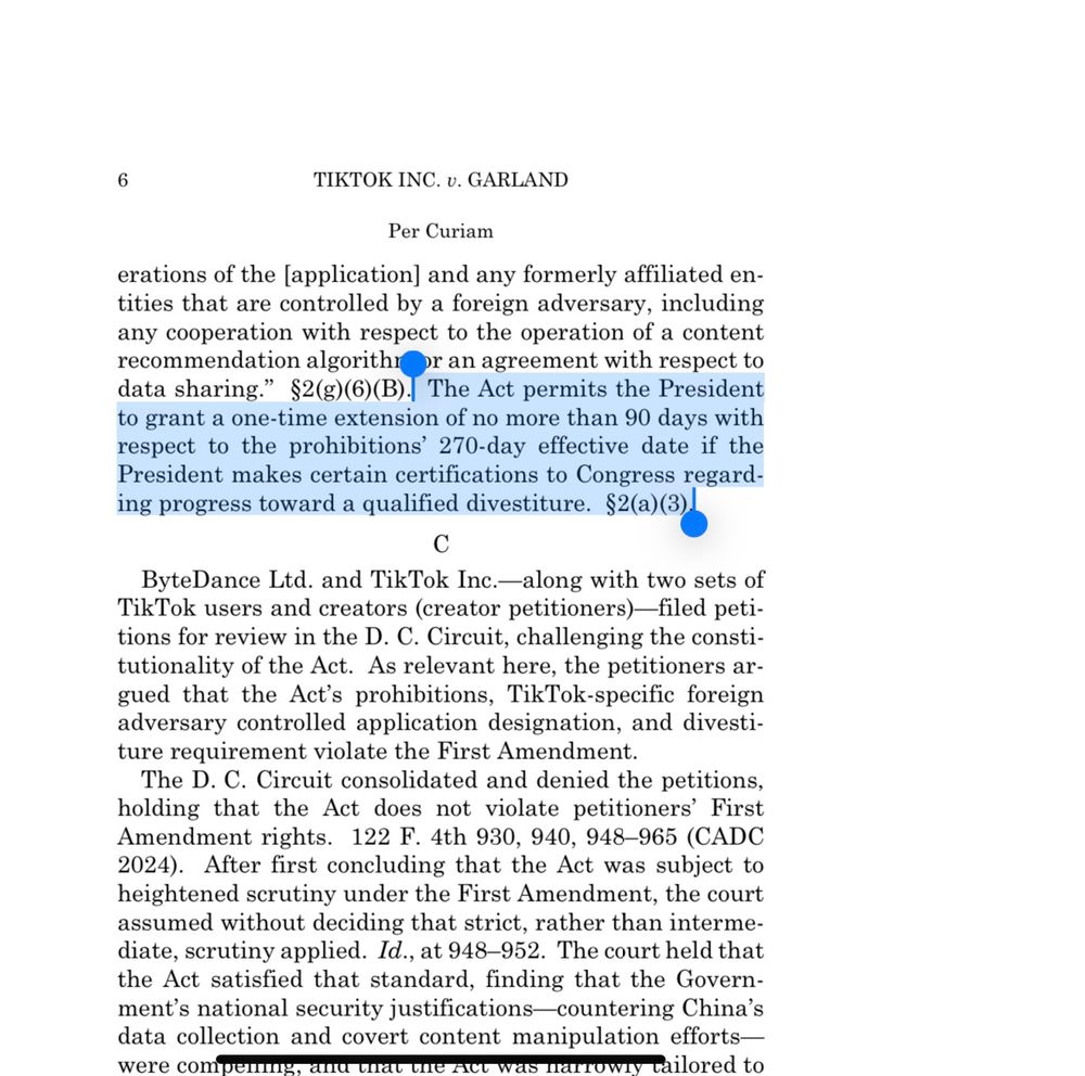 Excerpt from Supreme Court TikTok decision re president's to grant 90 day extension. 