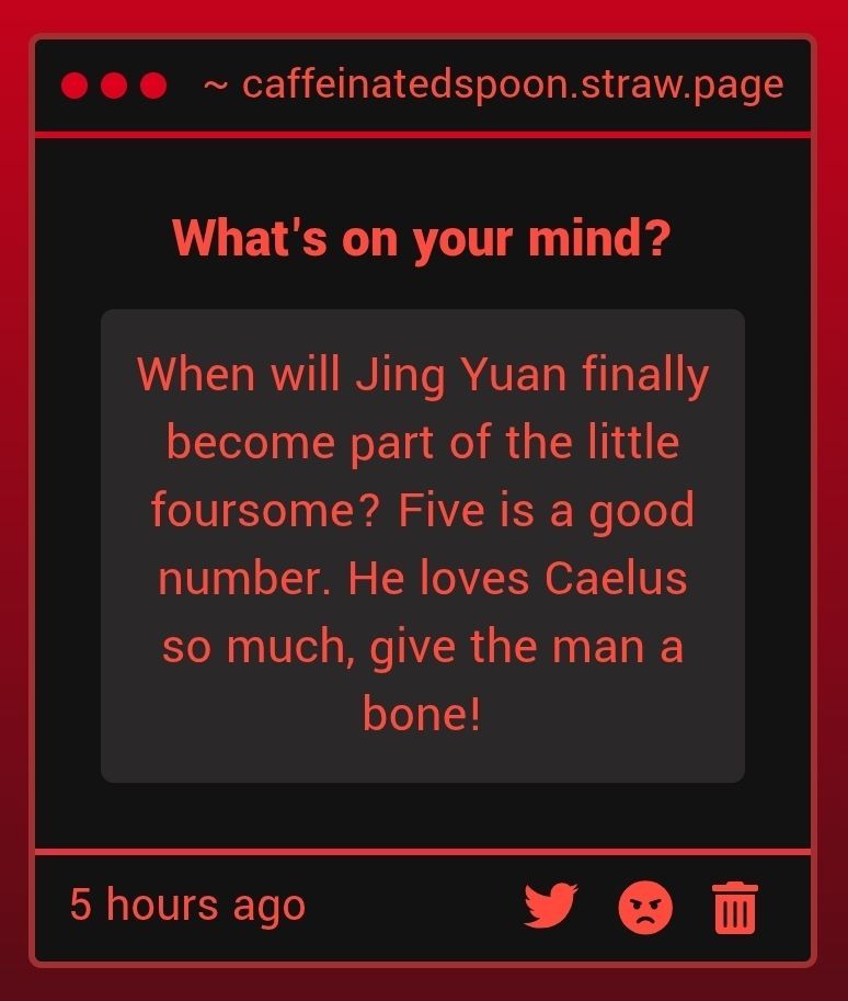 strawpage question reading "when will jing yuan finally become part of the little foursome? five is a good number. he loves caelus so much, give the man a bone!"