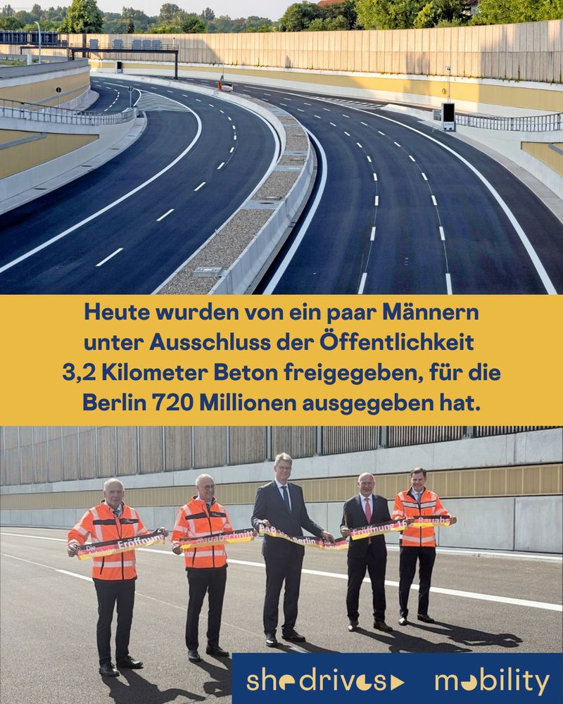 Oben zu sehen: Fünfspuriger Bereich der A100, Teilstrecke 16. Unten fünf Männer, die ein Band in Farben der Deutschlandfahne durchschneiden, drei davon in Sicherheitsjacken, um die Kompetenz der Anwesenden zu unterstreichen, während Bundesverkehrsminister und Oberbürgermeister Anzüge tragen.