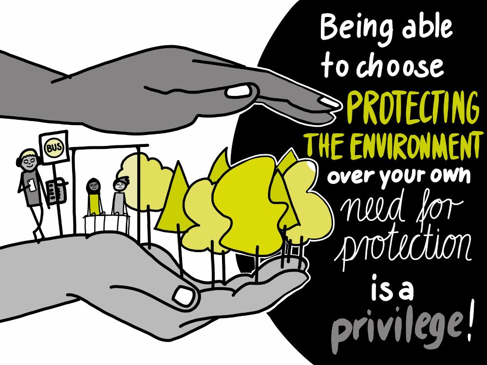 It´s a privilege to choose protecting the environment over your own need for protection.
A comic with that quote showing two hands holding safely a bus stop with three people.