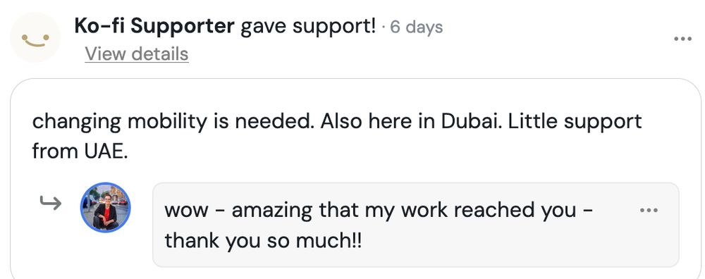Screenshot of a note at ko-fi:
changing mobility is needed. Also here in Dubai. Little support from UAE.
