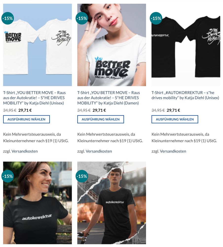 Screenshot of different shirts with logo like s*he drives mobility, you better move or autokorrektur.