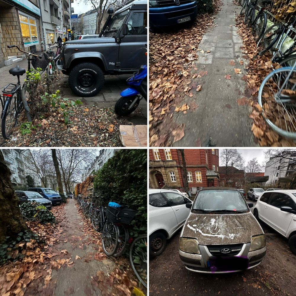 Links oben ein absurd hochgebockter Geländewagen, ein Fahrrad, ein Motorroller. Rechts oben ein Fußweg, ca. 50 cm breit, hineinragend Autoschnauzen und Räder, selbiges links unten. Rechts unten ein total verdrecktes Auto mit sehr gut geputztem Nummernschild, das aber anonymisiert wurde.