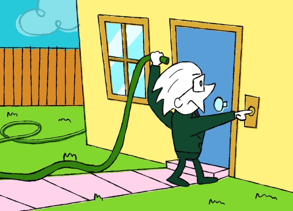 Scumbert (Umbert's evil corporate counterpart) stands on a front lawn and rings a doorbell. He holds a hose over his head, with the water switched off