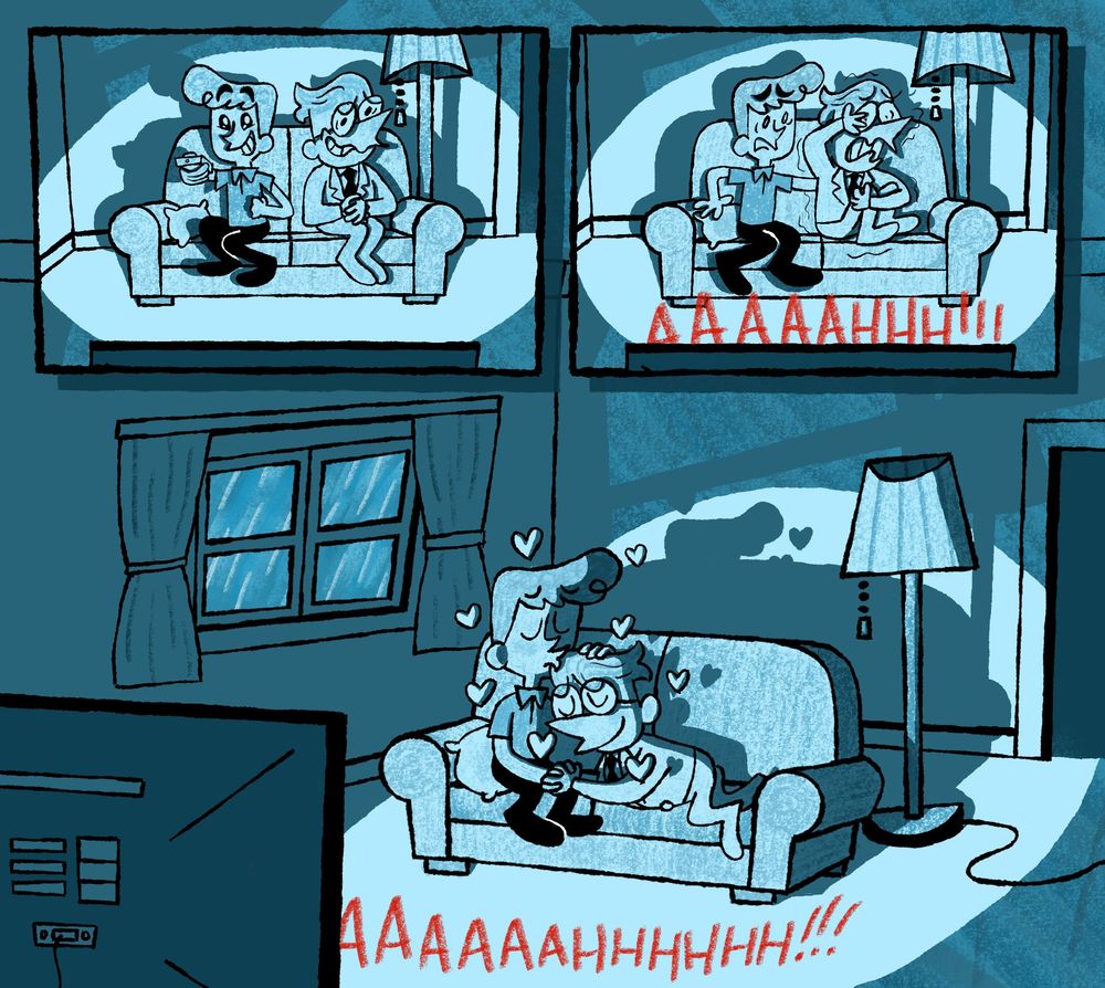 A three-panel comic.
Panel 1: Misterman and Umbert sit on their sofa. Misterman excitedly holds a remote control, while Umbert looks visibly nervous.
Panel 2: Screams are heard coming from the television. Umbert is scared, curled up in the foetal position and covering his eyes with his hand. Misterman notices and moves his arms to comfort him.
Panel 3: A wide view of their living room. It's raining outside, and the only light sources are the TV and the moonlight. Umbert is lying down on the couch as Misterman kisses his forehead gently.