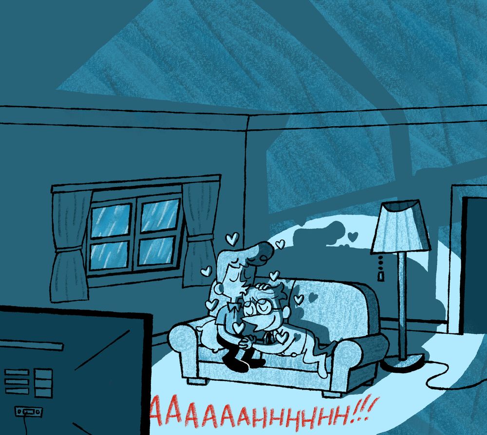 The same image as before, but without the two panels at the top. The moonlight can be seen cast on the ceiling. Misterman continues gently kissing Umbert on the forehead.