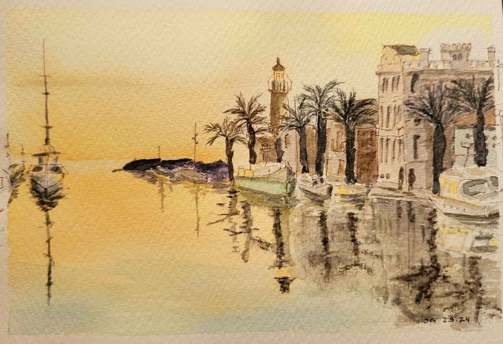Aquarelle : Port du Grau du Roi à l'heure dorée