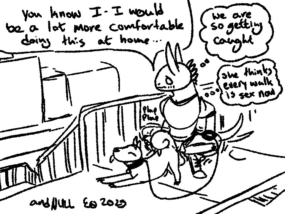 A man looks out over a hand rail down into the center of town as he squats behind his dog. His fly is open and his cock is buried into his shiba inu. He blushes as he says "you know I- I would be a lot more comfortable doing this at home...". The dog blissfully enjoys the act of public intimacy as the her owner thinks to himself, "we are so getting caught." Another thought asserts "she thinks every walk is sex now."