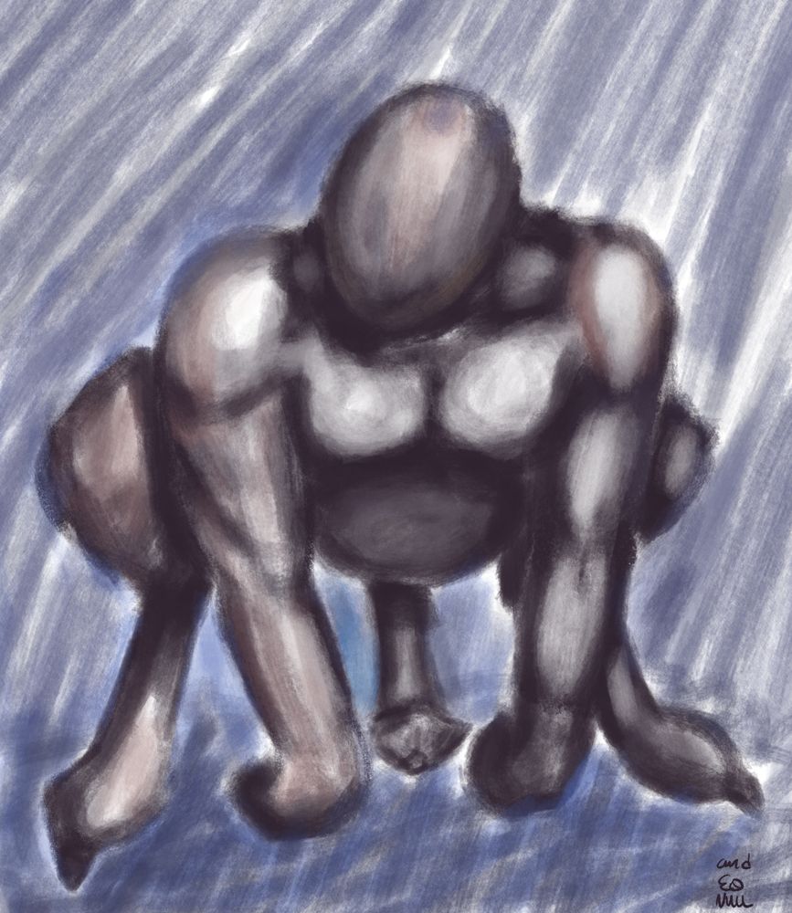 A digital sketch of a large bulky figure hunched over on all fours. It's muscular and faceless. It's legs end in singular pointed toes. It's hand curl backwards like a gorilla. Horse-like penis emerges from around it's potbelly and dangles between its arms.