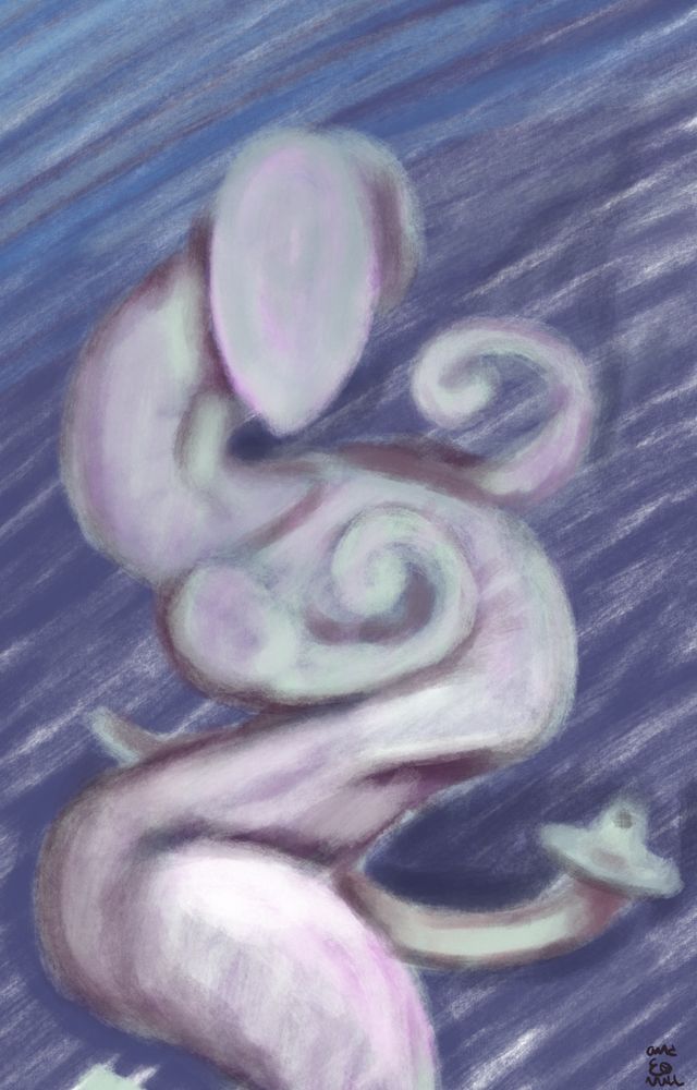 A pail off-pink, off-green faceless figure looks towards the view. it's spindly, yet thick and curvy body curves to and fro. It's chest is shaped like a barrel and it's butt is plump. It's neck is long and muscular while it's waist is thin. It's arm coil as they extend from its body. It's arms ending in rounded nodules. From between it's leg is a long slender cock ending in a wide tip. The glands extend outwards into a disc with its tip pointed straight up from the middle.