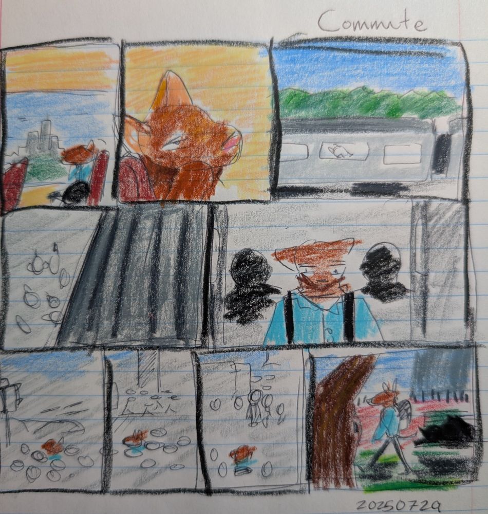 A comic drawn on line paper with crayon, the comic opens with a far shot of a guy looking out the window while riding on public transit. The next panel is a close up of him looking listless and bored. Another far shot shows he's on a train riding past forestry. The image loses color as the next panel shows the train deboarding. He stairs at the ground as he disembarks from the train. Everything around him is gray. The next panels show him walking through colorless crowds until he gets to the park. A figure sleeps on the bench.