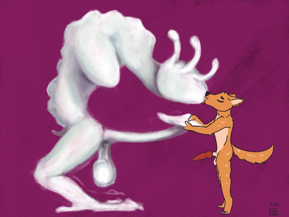 A alien figure bends down to bring it's featureless face towards an anthro dog man. He locks his lips to the creature;s mouthless head. It's body is bent in all the wrong ways. Its spin is lumpy and curves into a C shape. It's legs bend in reverse. From its groin hangs two large balls. Each one is bigger than the dog's head. Its shaft is long and slender ending in an umbrella like penis head. The dog pushes his fingers into its urethra as they kiss. 