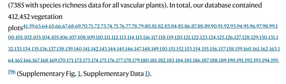 A screenshot from a paper with a sentence that reads "In total, our database contained 412,452 vegetation plots", followed by ~130 in-text citations