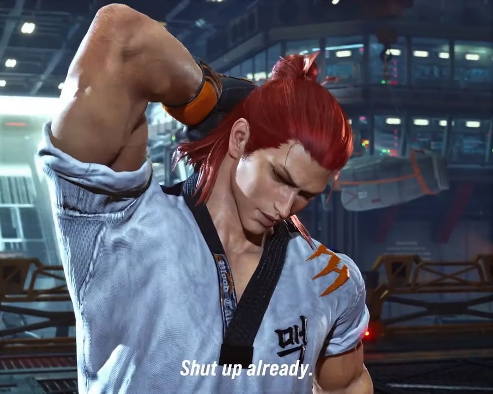 Hwoarang from Tekken 8, in his intro screen where he tells you to shut up